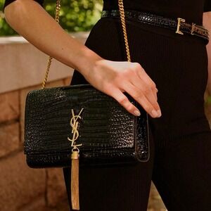 💎✨BEAUTIFUL✨💎SAINT LAURENT YSL Chain Shoulder Bag Leather Black RARE GOLD
